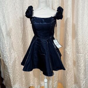 Navi blue fit and flair formal dress with roses off the shoulder size 3/4 Dress